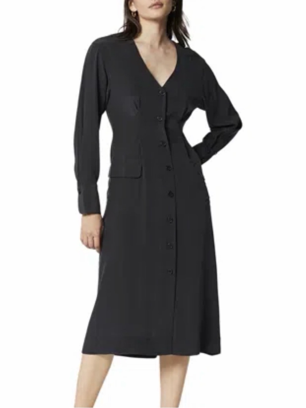 Equipment Black Button-Front Long Sleeve Silk Midi Dress